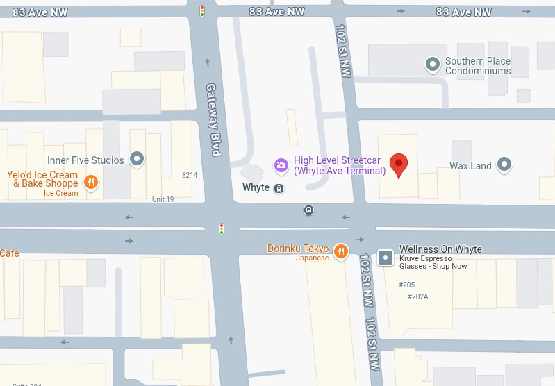 Map of Whyte Ave at 102 St, Edmonton, with Fattoush marked on the north side of Whyte Ave